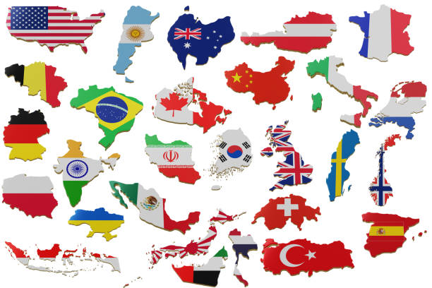 3D map with many Countries. Map of Countries land border with flag. 3d rendering stock photo