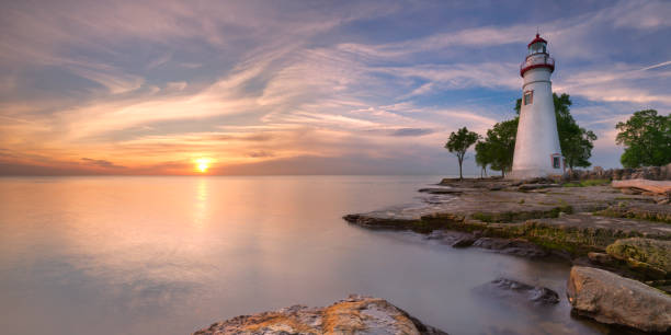 Marblehead Lighthouse on Lake Erie, USA at sunrise stock photo
