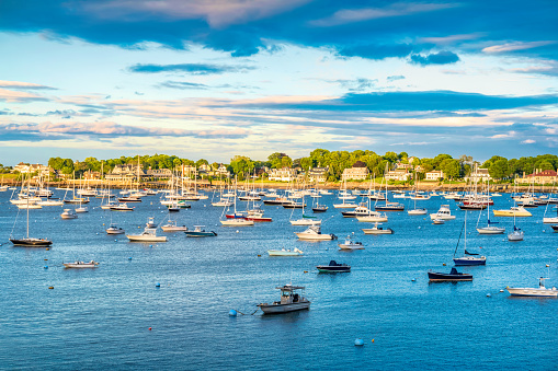 Boats are docked in the harbor of Marblehead, Massachusetts, USA.