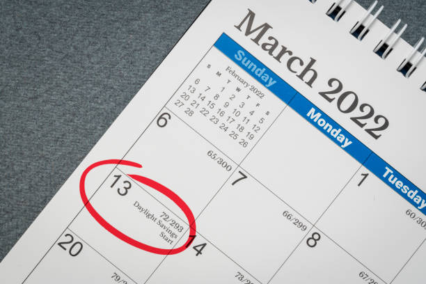 March 2022 - desktop calendar with the start of daylight saving time stock photo