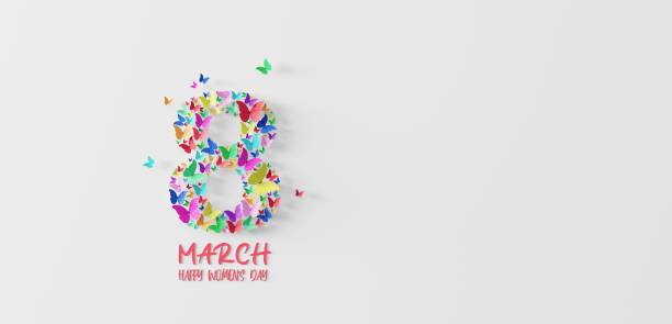 March 8 Women's Day card with colorful butterflies on white background 3d render stock photo