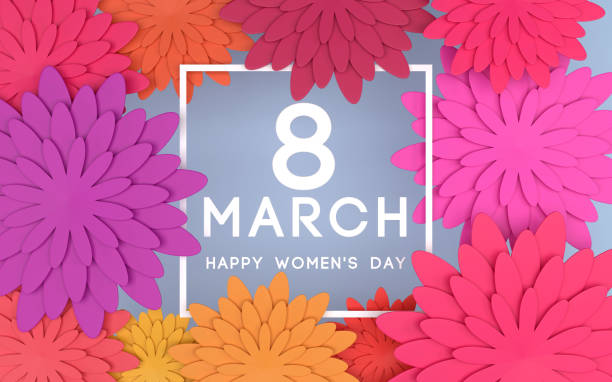 8 March International Womens Day Concept. "Happy women's Day" message among the colorful flowers.