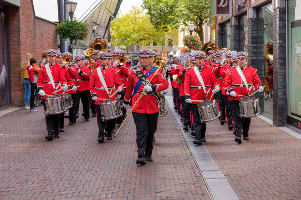 Marching band practicing for the Taptoe Delft 2018, the Netherlands. stock photo
