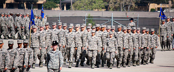 Marching in Formation at Air Force BMT Coin Ceremony stock photo