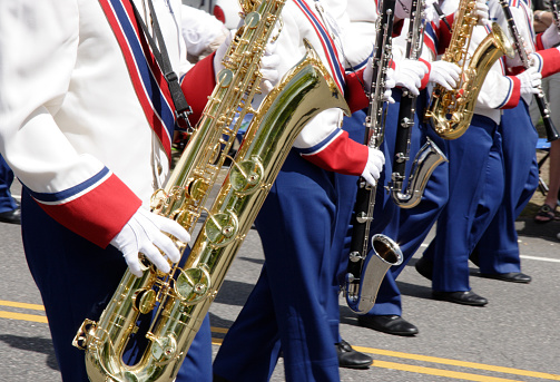 High school marching band at memorial day parade
