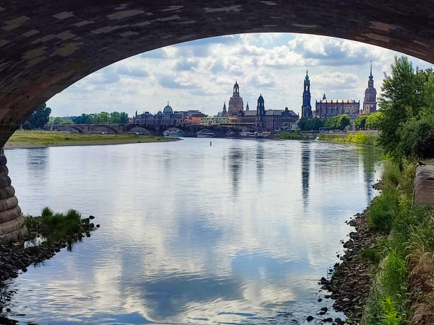 Marienbrücke over the Elbe in Dresden, view of the center of the old town stock photo