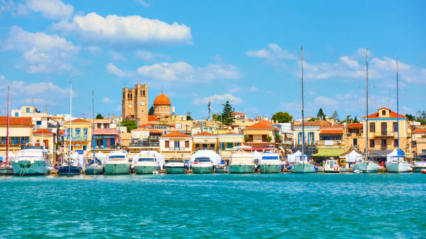 Marina and seafront in Aegina town stock photo