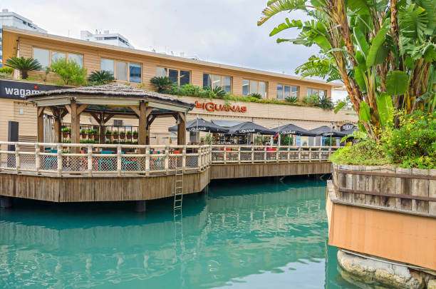 Marina Bay Square and the Ocean Village with the restaurant Las Guanas in Gibraltar stock photo