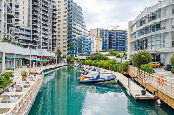 Marina Bay Square in the Ocean Village with restaurants and residential apartments in Gibraltar stock photo