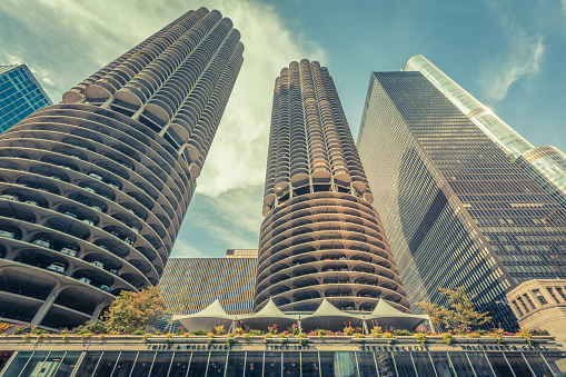 Chicago, United States- August 22, 2015:  Details of the Marina City towers in Chicago - the residential complex was the tallest concrete structure in the world when completed in 1964. 