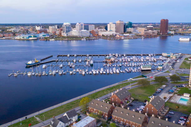 Marina in Portsmouth across from Norfolk Virginia Downtown stock photo