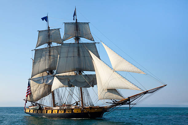 Maritime Adventure; Majestic Tall Ship at Sea  pilgrim stock pictures, royalty-free photos & images