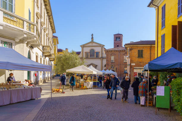 Market scene in Piazza Carrobiolo, in Monza stock photo