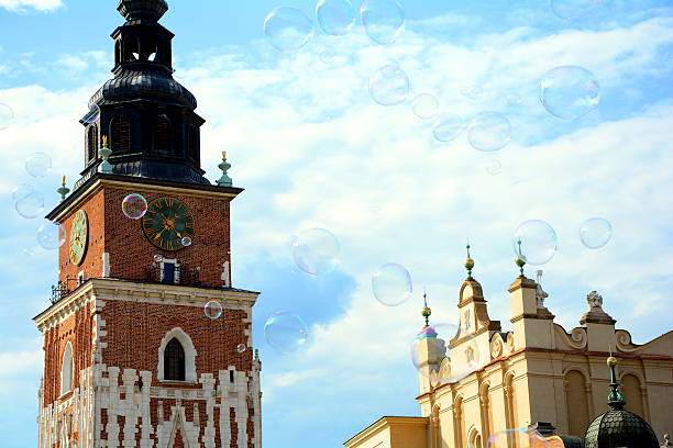 Market square in Krakow, Poland, full of soap bubbles stock photo