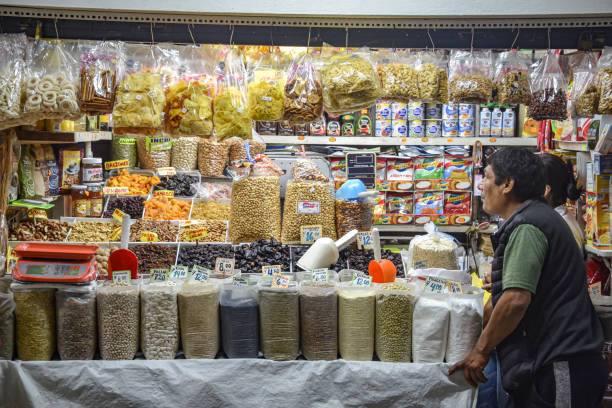 A market stall selling grocery products in Lima's Mercado Central. Lima, Peru stock photo