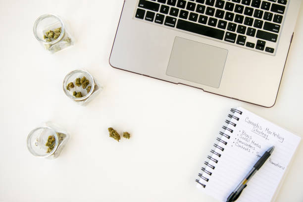 Marketing for Marijuana Business on White Table Work Space with Glass Jars of Cannabis stock photo