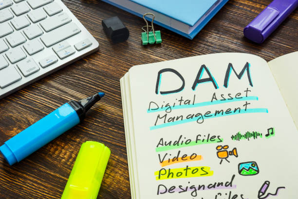 Marks about DAM digital asset management in the note. stock photo