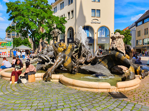 Nuremberg, Germany - July 10, 2021: Marriage Carousel or Marriage Fountain or Ehekarussell in Nuremberg old town. Nuremberg is the second largest city of Bavaria in Germany.