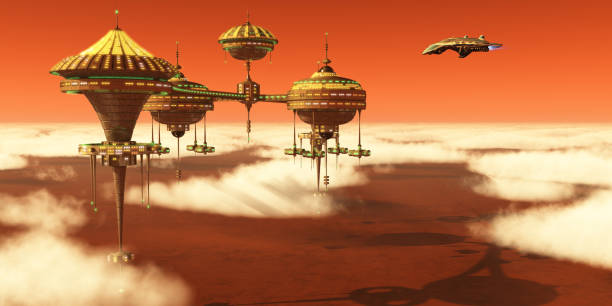 Mars Upper Atmosphere Station A Mars planet colony in the upper atmosphere orbits around the red planet as Earth scientists study it. spaceport stock pictures, royalty-free photos & images