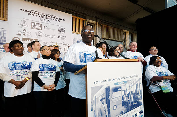 Martin Luther King Day of Service at Girard College Philadelphia, PA, USA - January 18, 2016; Girard College President Clarence D. Armbriste speaks at the openings ceremony of the 21st Annual Martin Luther King Day of Service, in Philadelphia, PA. martin luther king jr day stock pictures, royalty-free photos & images