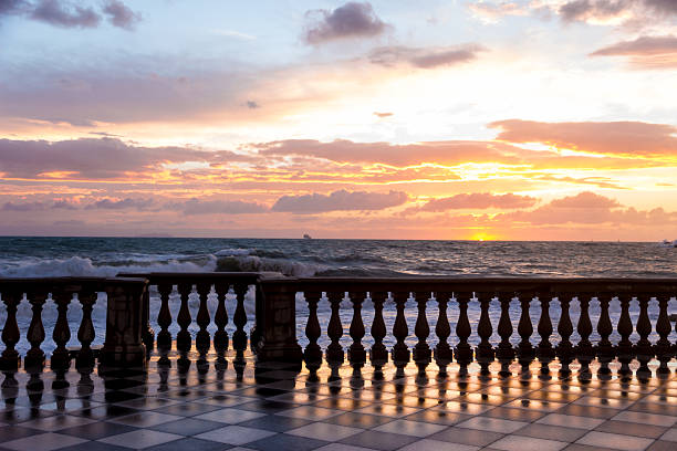 Mascagni Terrace in Leghorn, Italy Terrazza Mascagni in Livorno at sunset white leghorn stock pictures, royalty-free photos & images