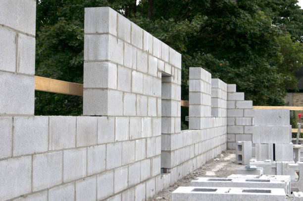 Masonry Wall Construction with Cinder Block stock photo