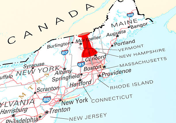 Massachusetts Map Red Thumbtack Over Massachusetts State USA Map. 3D rendering map of new england states stock pictures, royalty-free photos & images
