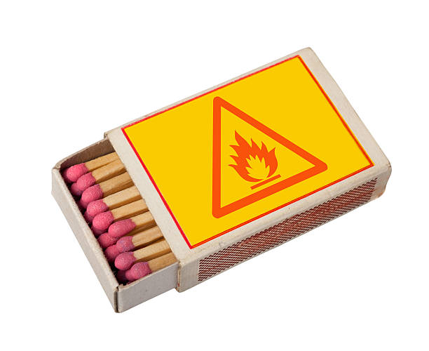 matchbox isolated on white with hazard sign, clipping path. stock photo