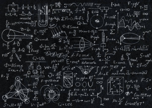 Math, physics formulas Math, physics formulas and symbol on black background. physics stock pictures, royalty-free photos & images