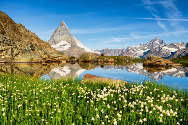 Matterhorn and reflection on the water surface at the morning time. Beautiful natural landscape in the Switzerland stock photo