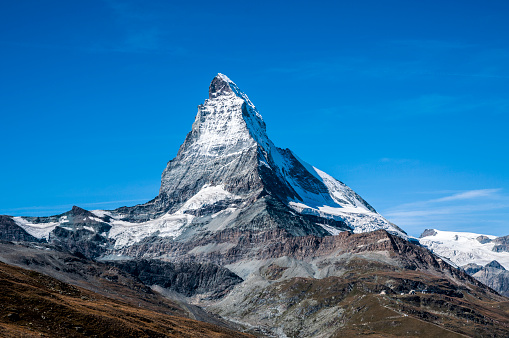 Matterhorn peak on a cloudless blue sky, sunny day.