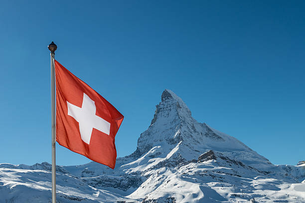 Matterhorn with Swiss Flag stock photo