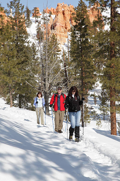 Mature Adults Snowshoeing stock photo