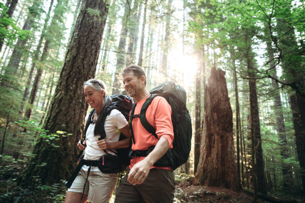 Mature Couple Backpacking in Forest A couple in their mid- 50's enjoy an extended hike in the Pacific Northwest.  They seem happy and content, the sun shining brightly through the trees.  Shot in Washington State. pacific northwest stock pictures, royalty-free photos & images