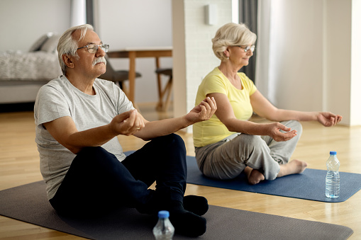 mature-couple-meditating-in-lotus-positing-at-home-picture-id1279020401