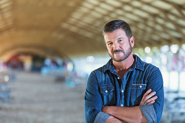 Mature man standing in barn Portrait of a mature man standing in a barn, serious but confident, with his arms folded, looking at the camera. He is a farmer, owner of a small agricultural business. plaid shirt stock pictures, royalty-free photos & images