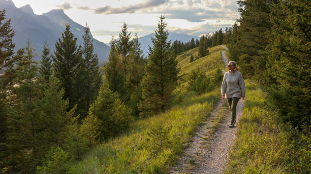 Mature woman walks down trail in the morning She looks out to mountain ranges in distance active lifestyle photos stock pictures, royalty-free photos & images