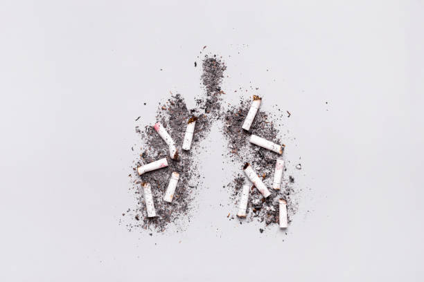 5월 31일 세계 금연의 날. 금연 개념. 재와 훈제 담배로 만든 탄 폐 - 니코틴 뉴스 사진 이미지