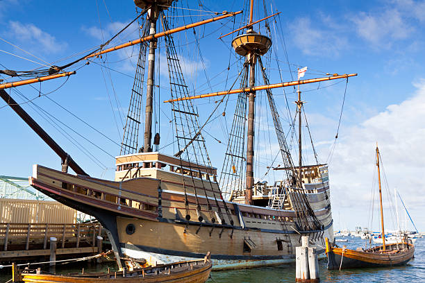 Mayflower II replica, Plymouth, Massachusetts, USA. Clear blue sky, clouds. stock photo