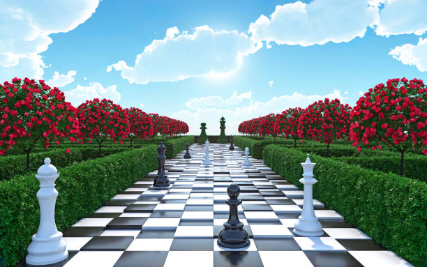 maze garden 3d render illustration. chess, trees with red flowers and clouds in the sky. alice in wonderland theme. - alice in wonderland imagens e fotografias de stock