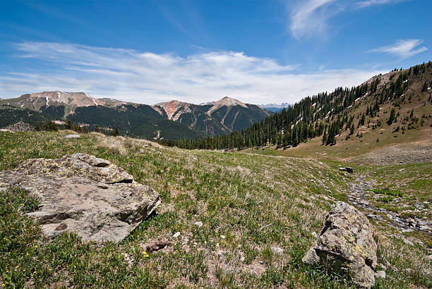 Meadow Below Columbine Lake Pass The San Juans in southern Colorado are a high altitude range of mountains that straddle the Continental Divide. This wide-open landscape, at 12,000, is well above timberline. The photograph was taken from below Columbine Lake Pass in the San Juan National Forest near Silverton, Colorado, USA. jeff goulden san juan mountains stock pictures, royalty-free photos & images
