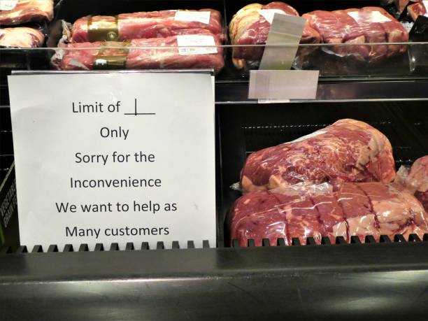 Meat Products Limit Sign in Grocery Store Because of Corona Virus Covid-19 Food Hoarding Shortages stock photo