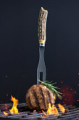 Meatball traditional kofte over grill rack. Spicy meatballs Kebab or Kebap healthy eating concept. Copy space