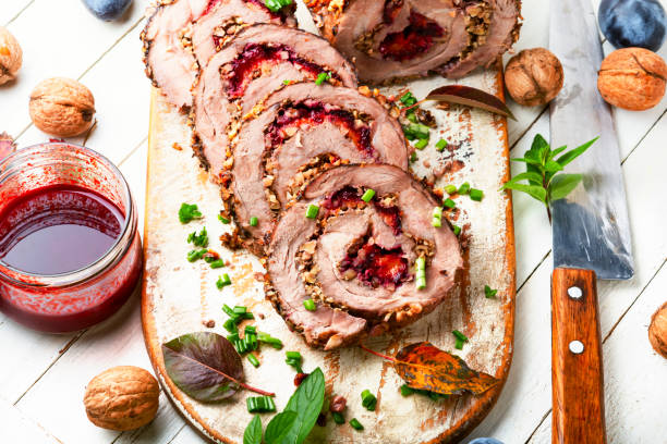 Meatloaf,porchetta with plum stock photo