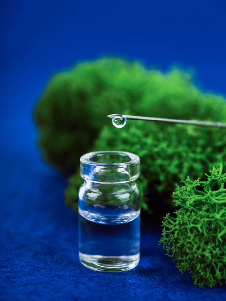 Medical bottle, drop on a needle in the background moss. The concept of science and nature stock photo