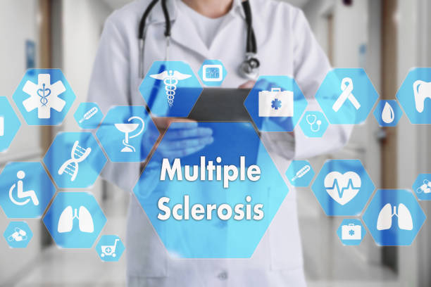 Medical Doctor  and Multiple sclerosis , neurological disorder words in Medical network connection on the virtual screen on hospital background. stock photo