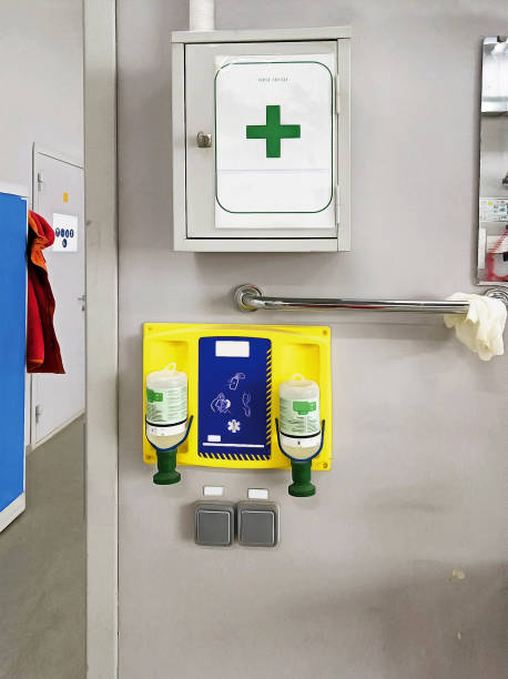 Medical first aid kit on the wall. stock photo
