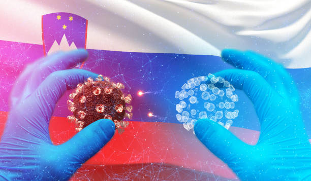 Medical molecular conceptwith backgroung of waving national flag of Slovenia. Pandemic 3D illustration. Novel coronavirus concept resposible for asian flu outbreak and coronaviruses influenza concept on background with flag of Slovenia slovenia stock pictures, royalty-free photos & images