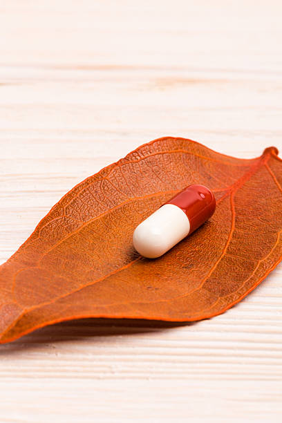 Medical pill on single orange leaf stock photo