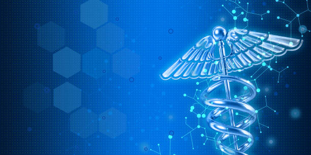 Medical symbol image on high tech blue background Caduceus image as medical symbol on modern blue background with large copy space. Caduceus stock pictures, royalty-free photos & images
